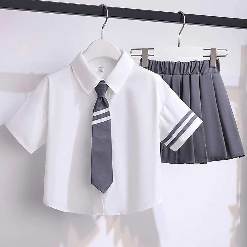 Clothing Sets Summer Children Girls Clothes Set JK Student School Lapel Tshirts and Plaid Pleated Skirts Suit Kid Top Bottom Outfits with Tie H241214