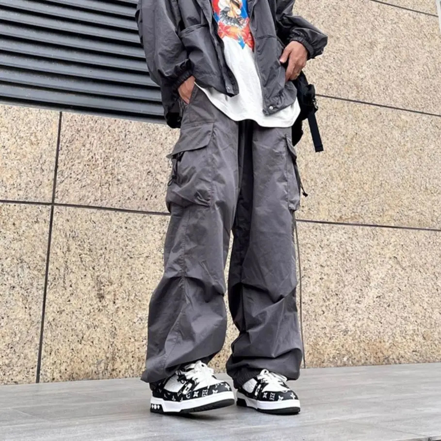 Elastic Waist Big Pocket Cargo Pants Men Streetwear Spring Autumn Wide Leg Joggers Solid Color Oversize Baggy Pants Women 241214