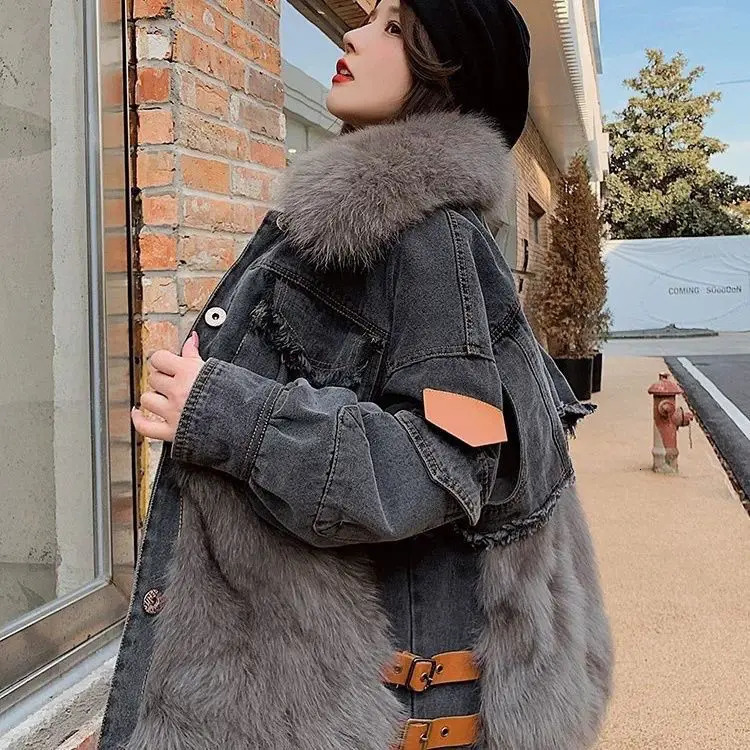 Fur patchwork denim fur coat womens clothing autumn/winter fur one-piece Korean fashion thick loose fur jacket womens top 241210
