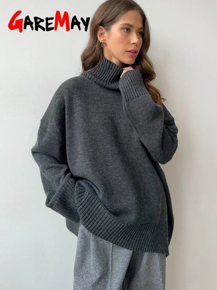 Womens Turtleneck Sweater Large Winter Vintage Knitted Red with Pulling Flowers Soft Grey Warm 2024 y241211