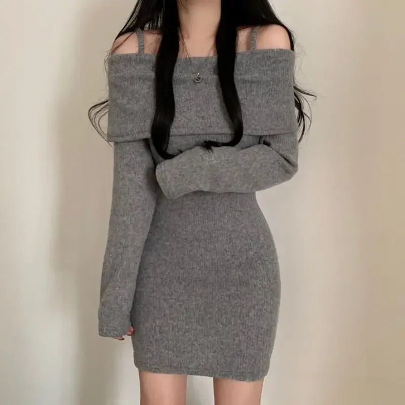 ChicAutumnWinter Petiteslims Mini Dress Shoulder Tank Top Collar Weight Loss Smooth Silhouette Rib Knitted 241212