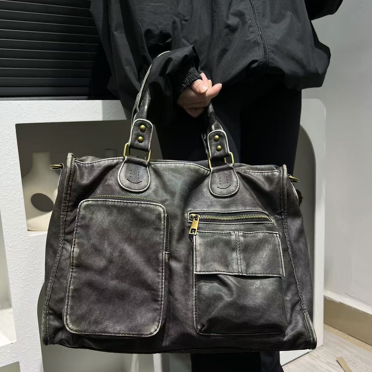 TEMU Women's Fashionable Multi Pocket Spicy Girl Motorcycle Tote Washed And Worn Single Shoulder Diagonal Cross Bag