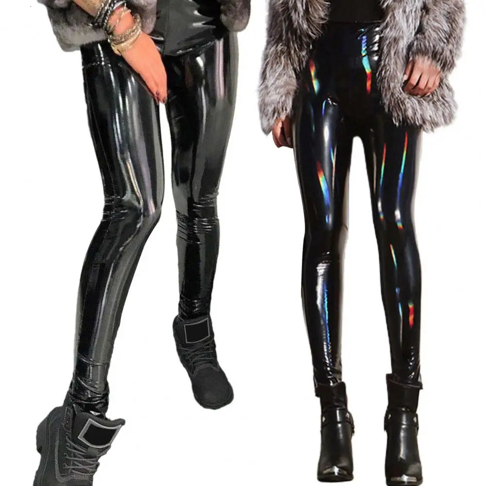 Sexy and shiny womens leather pants high waisted mirror ultrathin black Trouser nightclub pencil PU 241212