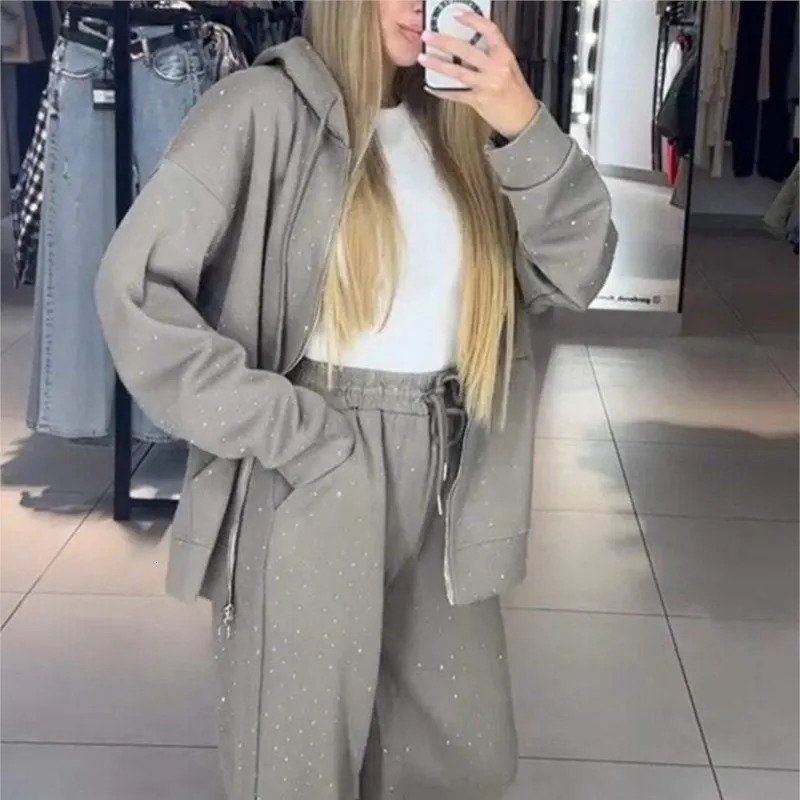 Fall Winter Rhinestone Diamonds Hooded Sweatshirt Two Piece Set Women Tracksuits Coat Drawstring Pants Retro Loose Sport Suit 241209