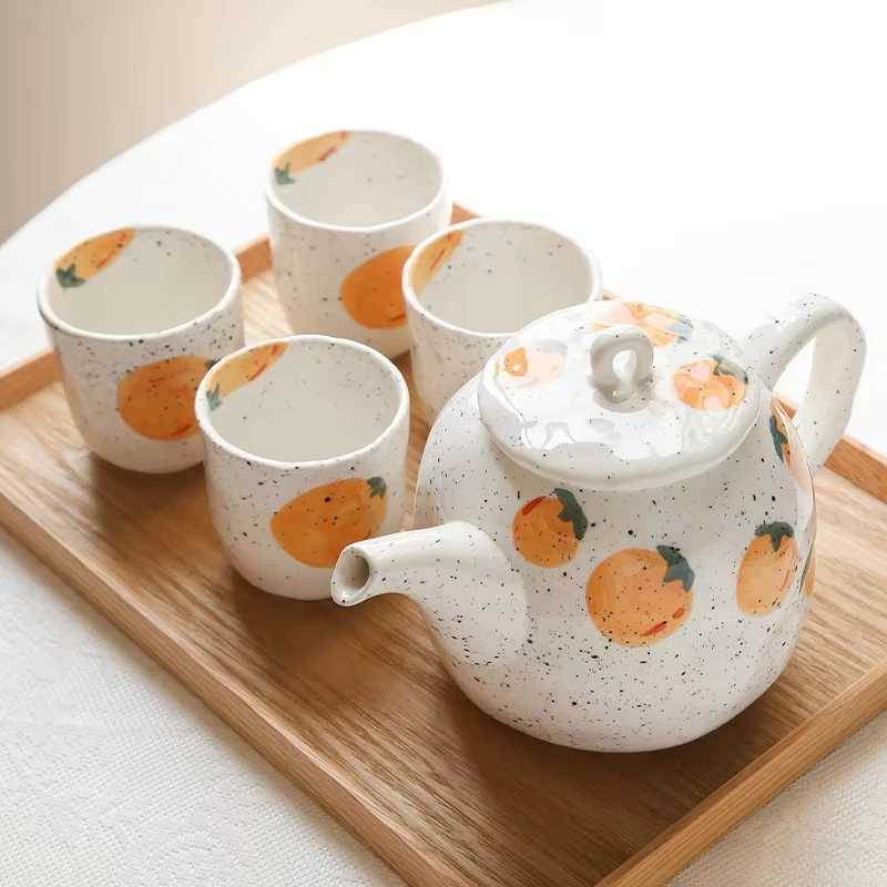 Japanese style hand-painted ceramic kettle water cup large capacity household cute fruit pattern flower tea set Y241214