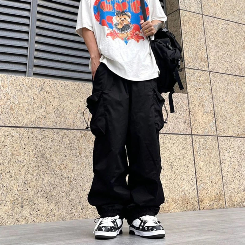 Elastic Waist Big Pocket Cargo Pants Men Streetwear Spring Autumn Wide Leg Joggers Solid Color Oversize Baggy Pants Women 241214