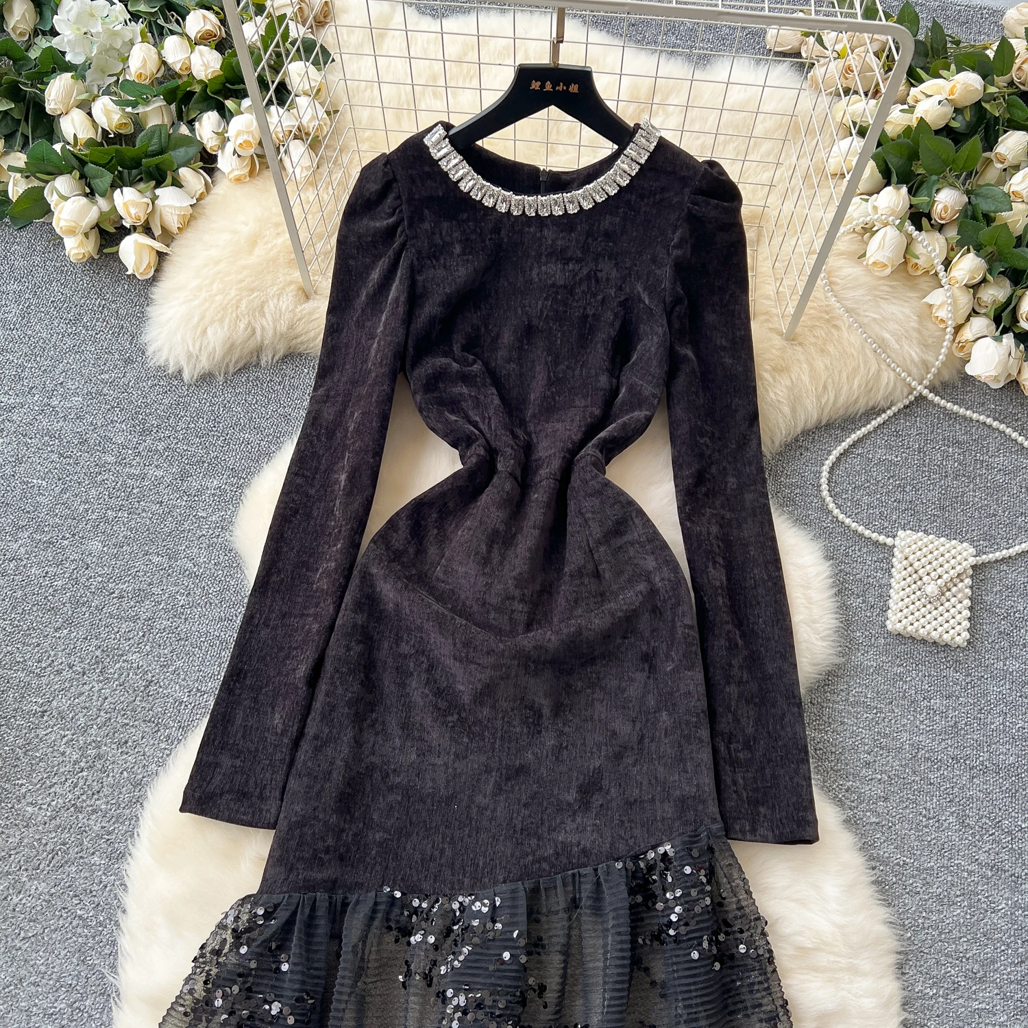 Basic Casual Dresses New French Chic Bodycon Dress Women Long Sleeve Party Dresses Sequins O Neck Mesh Patchwork Evening Vestidos with Zipper Dropship