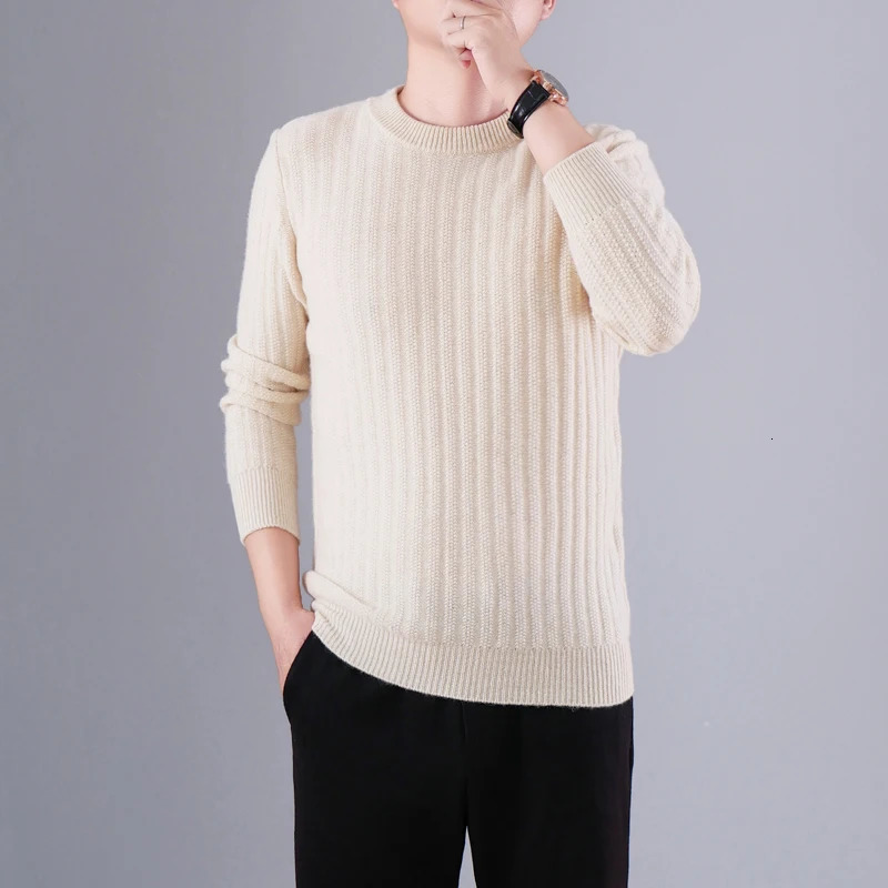 Mens Oneck Jacquard 100% High Count Wool Sweater Loose Plus Size Jumper Autumn Winter Thick Knit Casual Shirt 241209