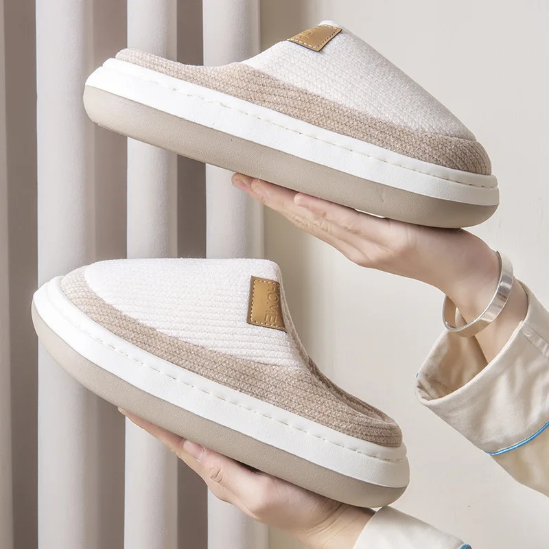 Winter Autumn Trendy Cotton Slippers Couple Warm Plush Indoor Home Thick Bottom Toe Wrap Non Slip Soft Sole House Shoes 241214