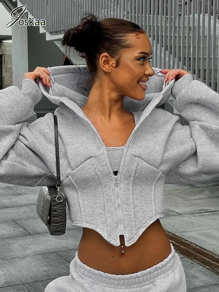 Joskaa casual wool asymmetric hoodie womens Hipster long sleeved zipper hoodie sweater autumn and winter womens clothing 241209