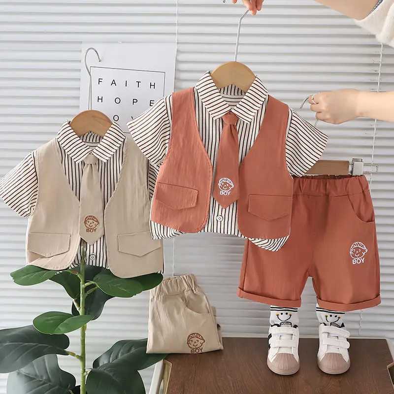 Clothing Sets Children Clothes Cartoon Kids Boy Short Sleeve Patchwork Shirts Pants 2Pcs/Set With Tie Fashion Toddler Tracksuits 0-5 Years H241214