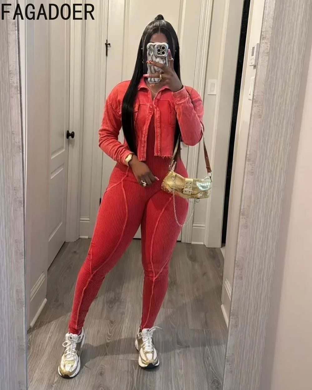 FAGADOER High Quality Rib Women 2 Piece Set Outfit Fashion Long Sleeve Crop Jacket Bodycon Jumpsuits Suits Clothing 2025 241209