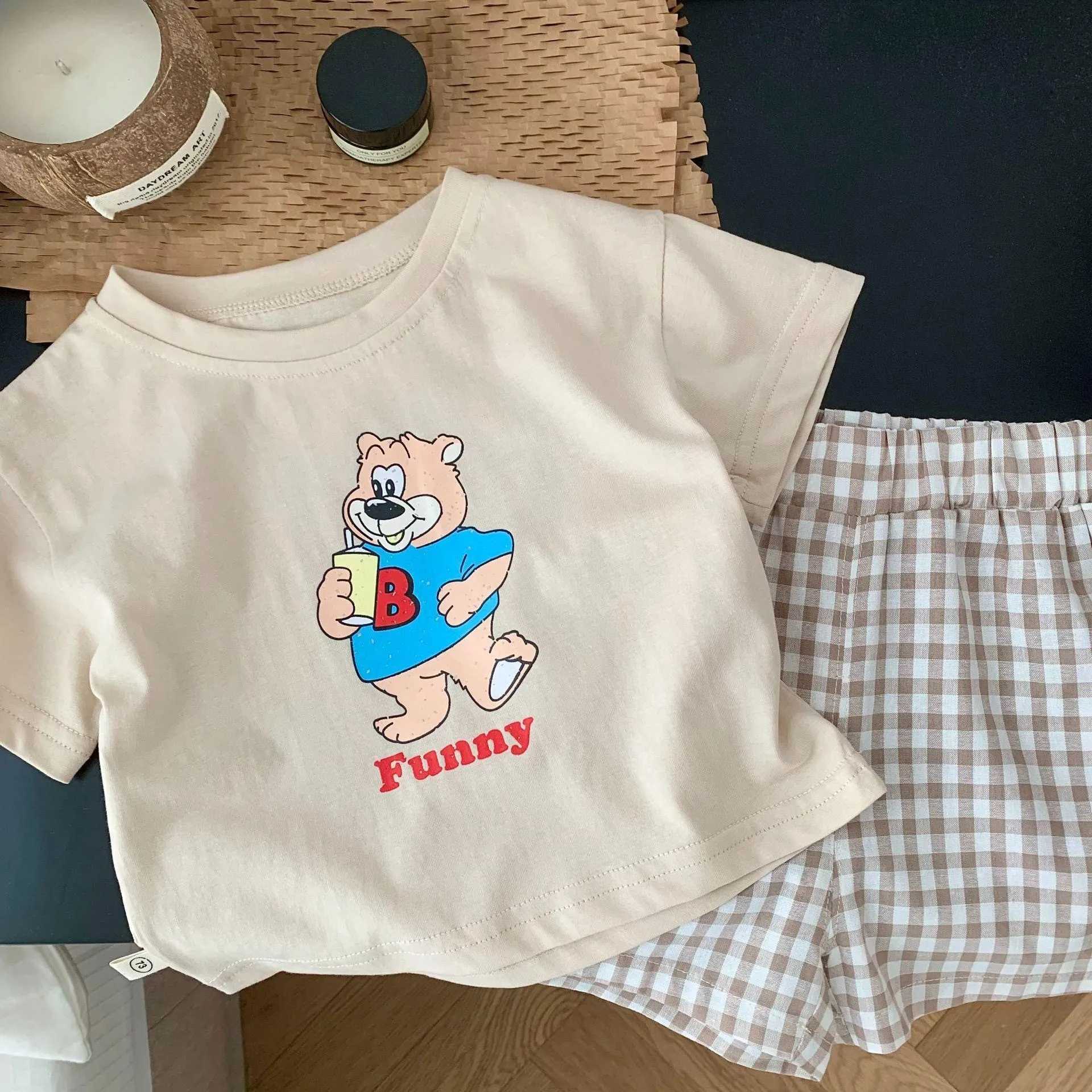 Clothing Sets Short Sleeve Tshirt+Plaid Shorts 2 Piece/Set Kids Cartoon Print Short Sleeve Tracksuits For Boys And Girls Cute Summer Clothing H241214