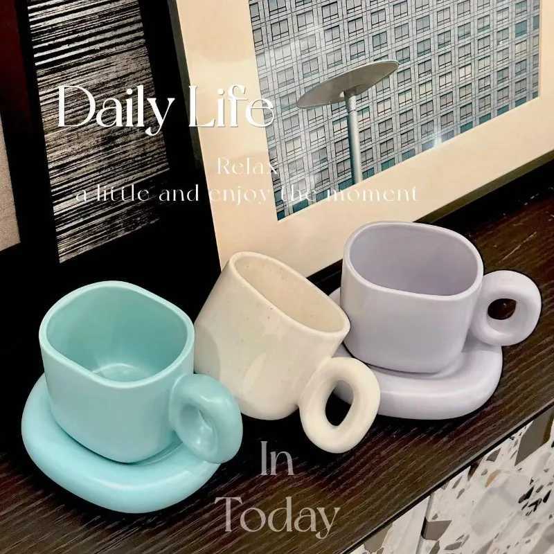 Creative Solid Color Ceramic Coffee Cup Thick Saucer Afternoon Tea Dessert Tea Cup Breakfast Bread Milk g Couple Gift g He Y241214
