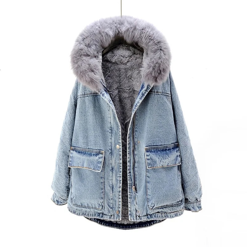 High quality womens winter fur lining warm loose jacket denim jacket fox fur collar hooded casual jacket denim jeans jacket 241210