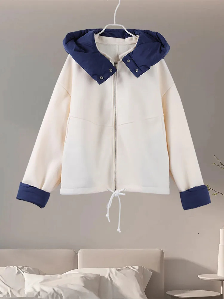 Contrast Zipper Hat Womens Jacket Full Set of Wool Womens Coat Autumn Winter Fashion Loose Street Womens Coat 241214