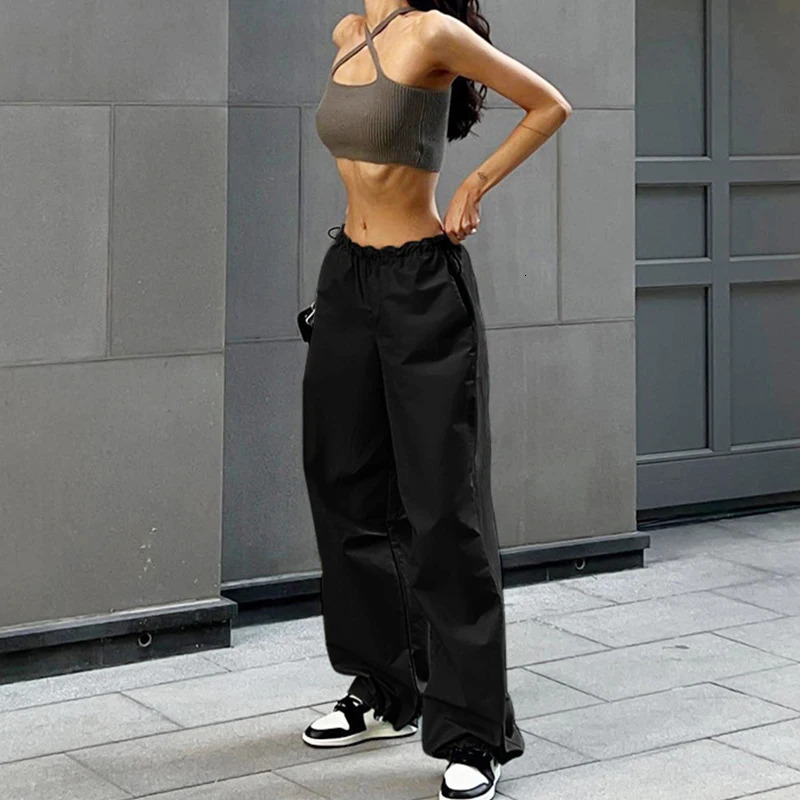 Y2k commodity womens drawstring pants low waist sports retro loose long legs mens oversized parachute jogging 241212