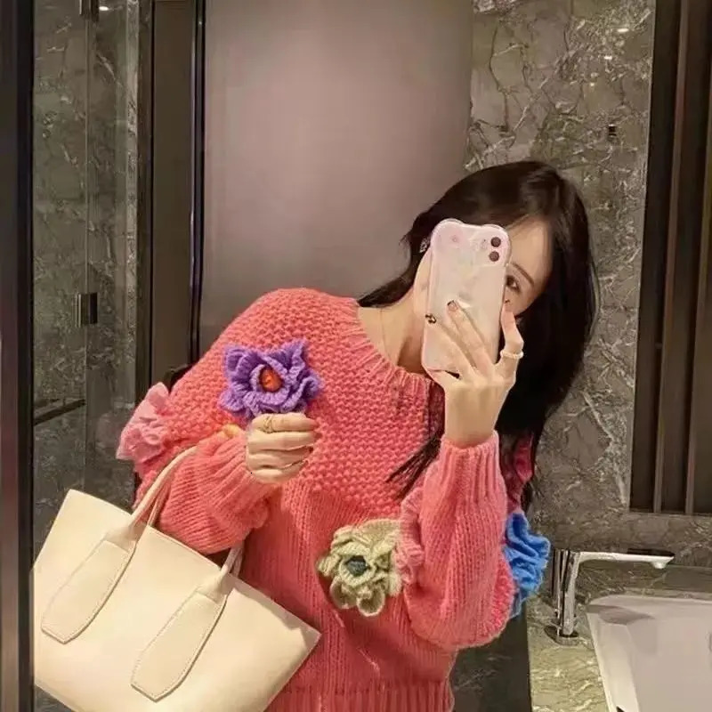 OMCHION South Korea Sweet Fashion Casual Lazy Style Dopamine 3D Floral Knitted 2024 Loose Sweater for Women 241211