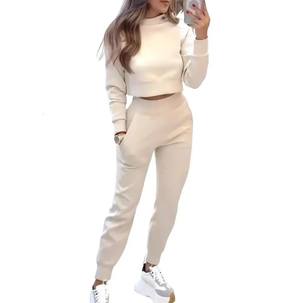 Women Cropped Top Set Womens High Collar Sweatshirt Sweatpants for Autumn Slim Fit Sport Outfit with Long Sleeves Elastic 241209
