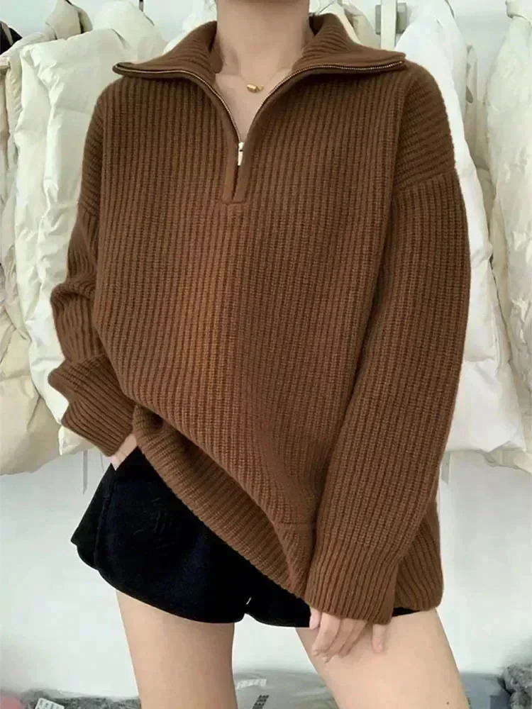 Winter womens turtle neck knitted fashionable zipper sweater oversized solid gray black casual long sleeved suitable for women 241211