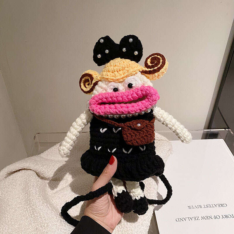 Internet celebrity trendy cool mobile accessories, yarn hook woven women's finished big mouthed girl parent-child single shoulder crossbody bags,