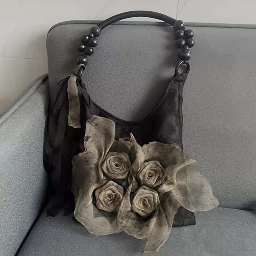 Chinese style grass and wood pad dyed rose flower bag pleated underarm commuting large capacity tote shoulder handbag