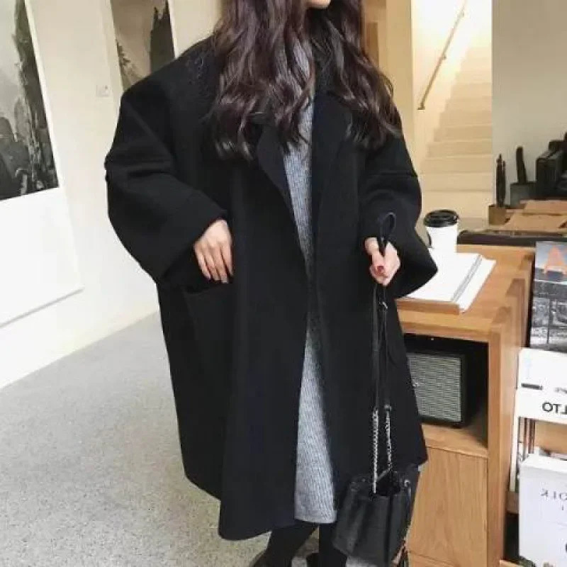 Plus Size Womens Mid-Length Autumn Winter Coat Korean Style Plus Size Loose Student Universal Cable Knit Woolen Jacket ... 241214