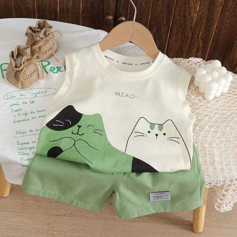 Clothing Sets Summer Kids Clothes Suit Children Boys Cartoon Cat Vest T Shirt Shorts 2Pcs/sets Toddler Fashion Clothing Infant Tracksuits H241214