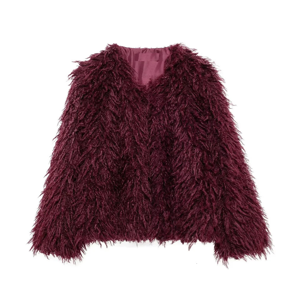 RARF loose faux fur effect round neck long sleeved short jacket for womens autumn and winter style 241211