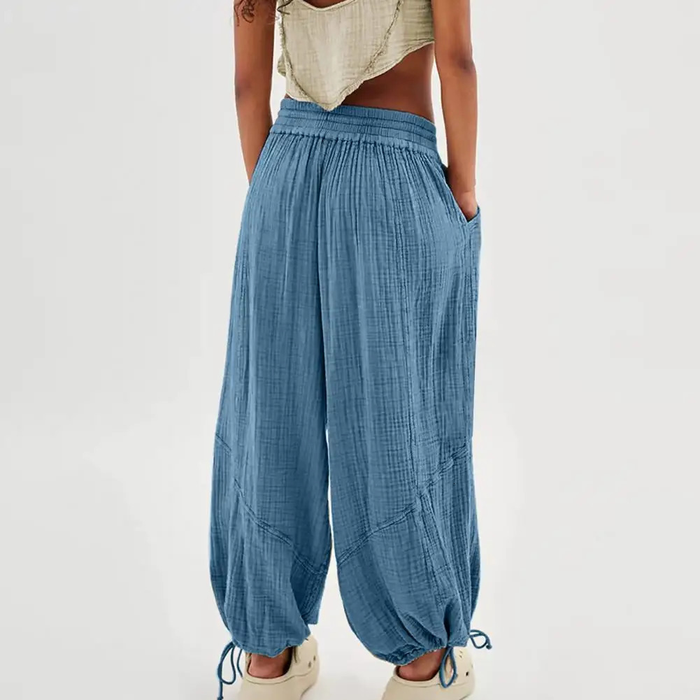 Womens harem pants summer casual retro cotton linen elastic waist wide leg fashionable loose pocket womens Trousers S5XL 241212