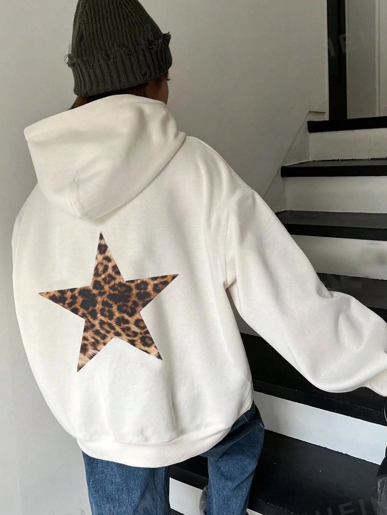 autumn and winter womens leopard print star print fashionable fashion style hooded long sleeved sportswear 241214