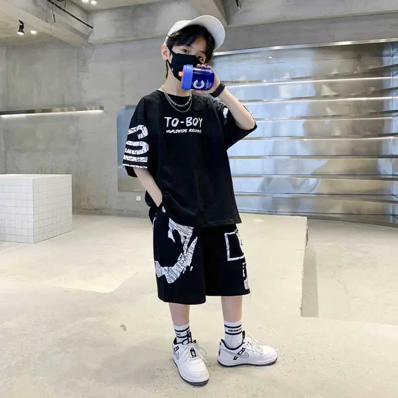 Clothing Sets Boys Summer Trendy Casual Sports 2pcs T-shirts+Pants Suits 3-14 Years Teenage Boys Hip Hop Style Fashion Outfits Clothes Sets H241214