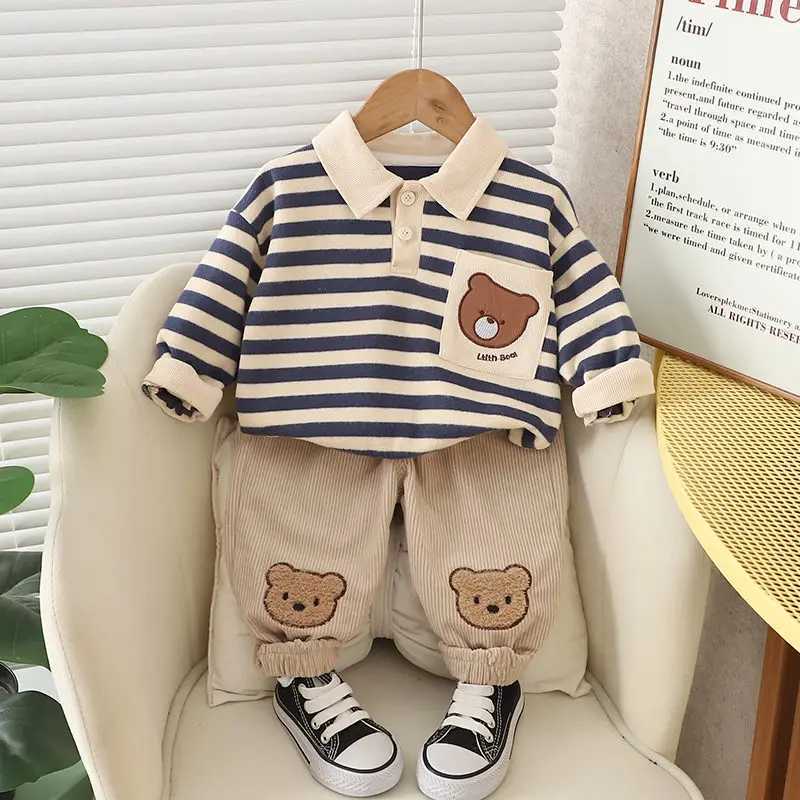 Clothing Sets Spring Autumn Children Baby Boys Clothes Infant Strips Cartoon Bear T-shirt Pants 2Pcs/set Toddler Fashion Cloth Kids Tracksuits H241214