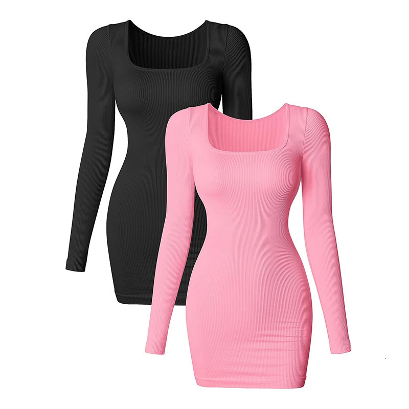 Womens Dress Sexy Ribbed Long Sleeves Square Neck Top Mini Bodycon Solid Color Knitted Hip Skirt 241212