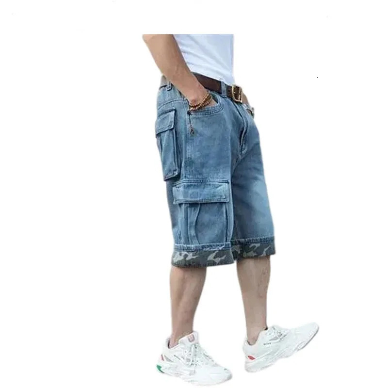 Plus Size Mens Denim Shorts HipHop Wideleg Jeans MultiPocket Cropped Pants Cargo Men 241211