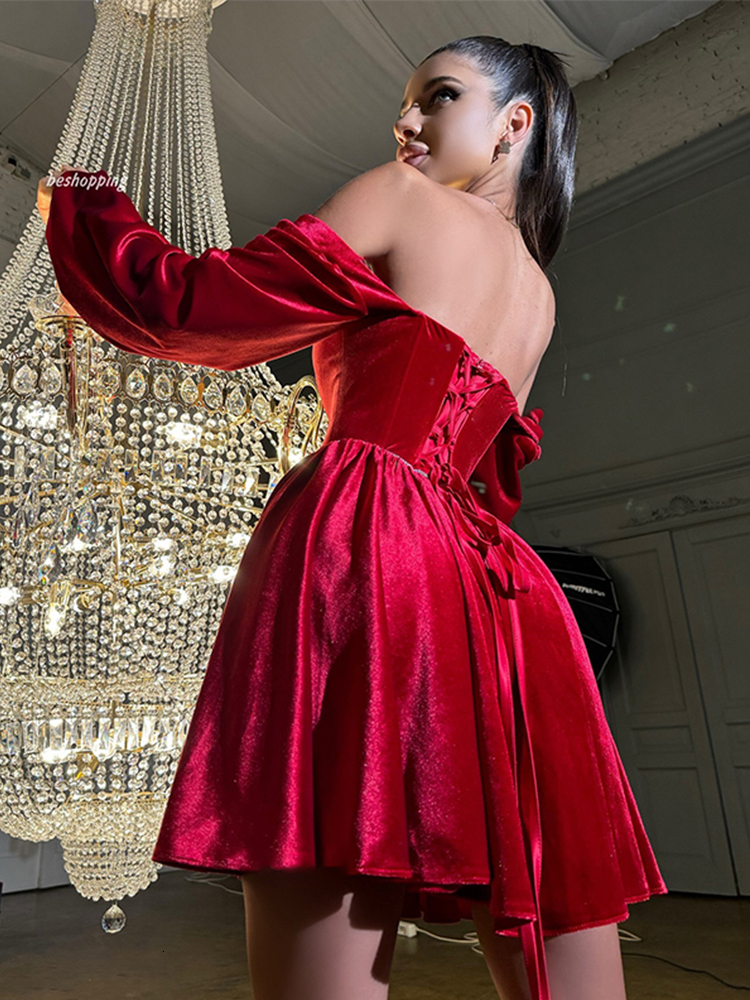 Elegant Veet Dress Women Off Shoulder Sexy Long Sleeves Mini Dresses Female Fashion Solid Bandage Party Robe