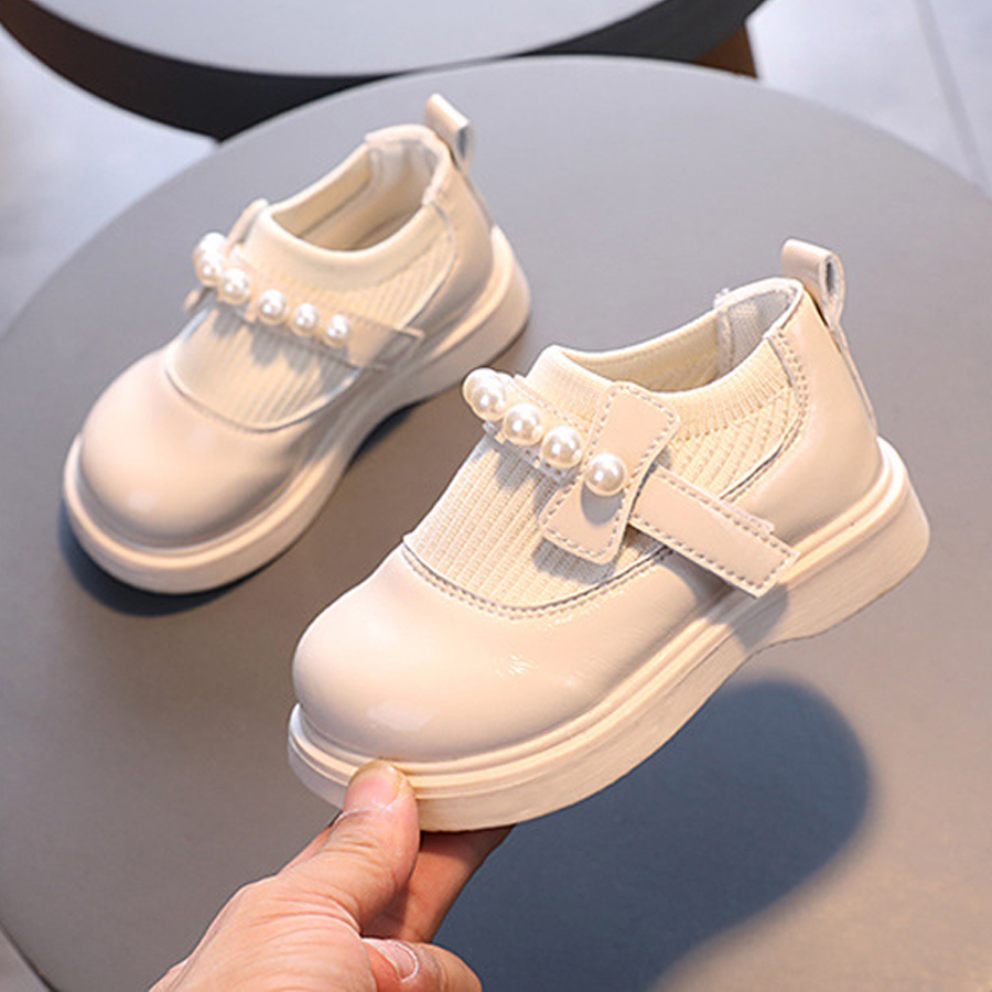 Children's Girl Baby Leather Shoes Pearl Beaded Fashion Princess Round Toe Heightening Happysteps Casual Comfortable Student Shoes Sizes 21-30
