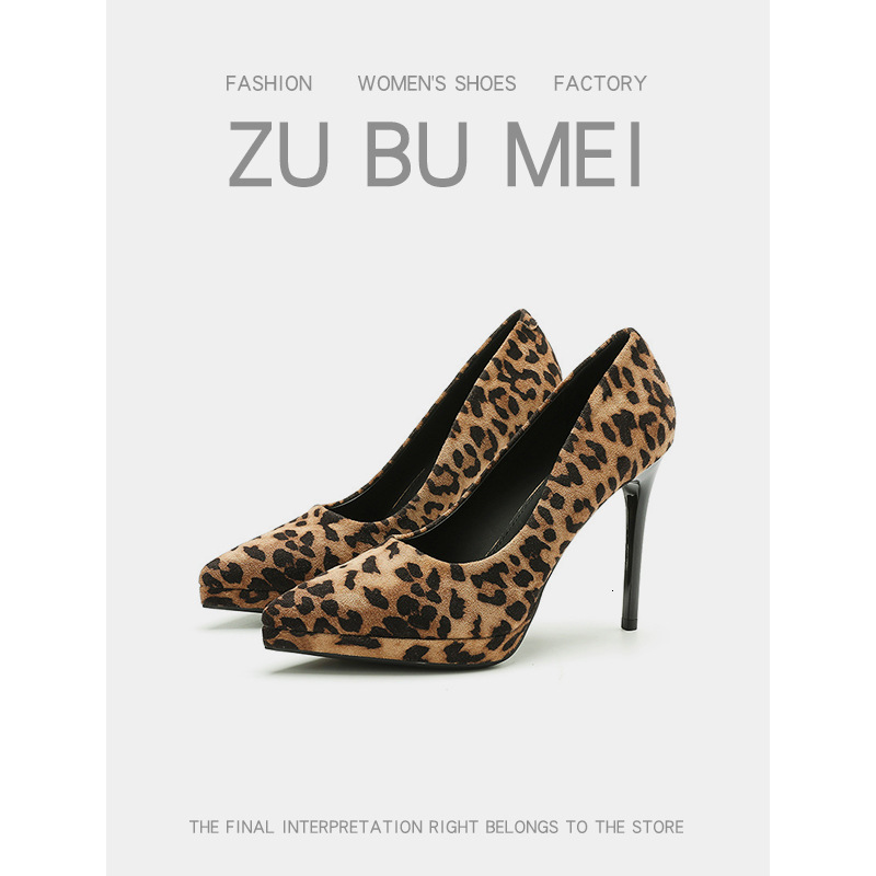 1088-8 Sexy Leopard Print Suede High-Heeled For Women With Pointed Toes, Thin Waterproof Platform, Super High Heels, Single Shoes