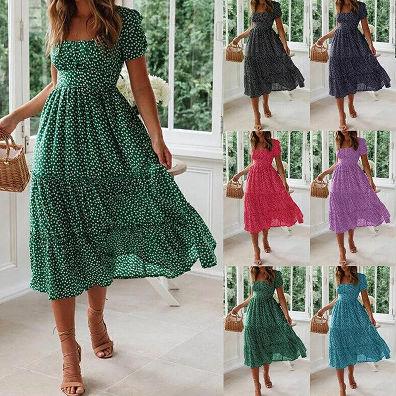 Elegant printed short sleeved dress for women with square neckline sexy casual midi vacation party night womens 241212