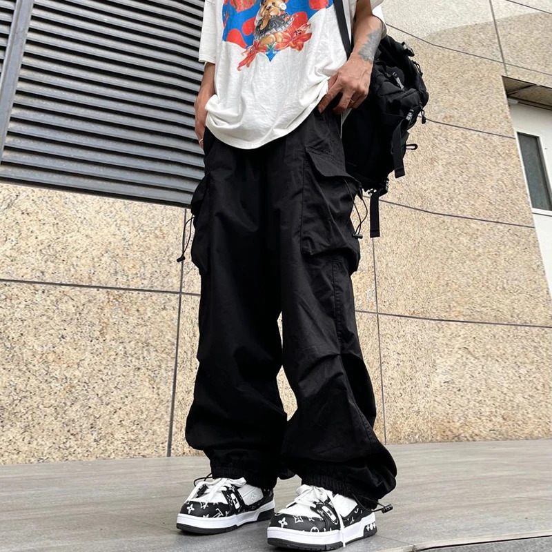 Elastic Waist Big Pocket Cargo Pants Men Streetwear Spring Autumn Wide Leg Joggers Solid Color Oversize Baggy Pants Women 241214