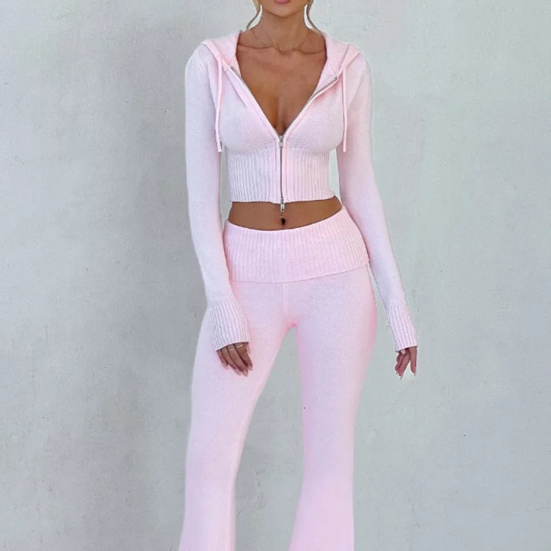 Autumn Knitted Hooded Zipper Jackets 2 Piece Pant Set Outfits Women Coats Hoodie Tracksuit Sexy Elegant Pink Two Sets 241209
