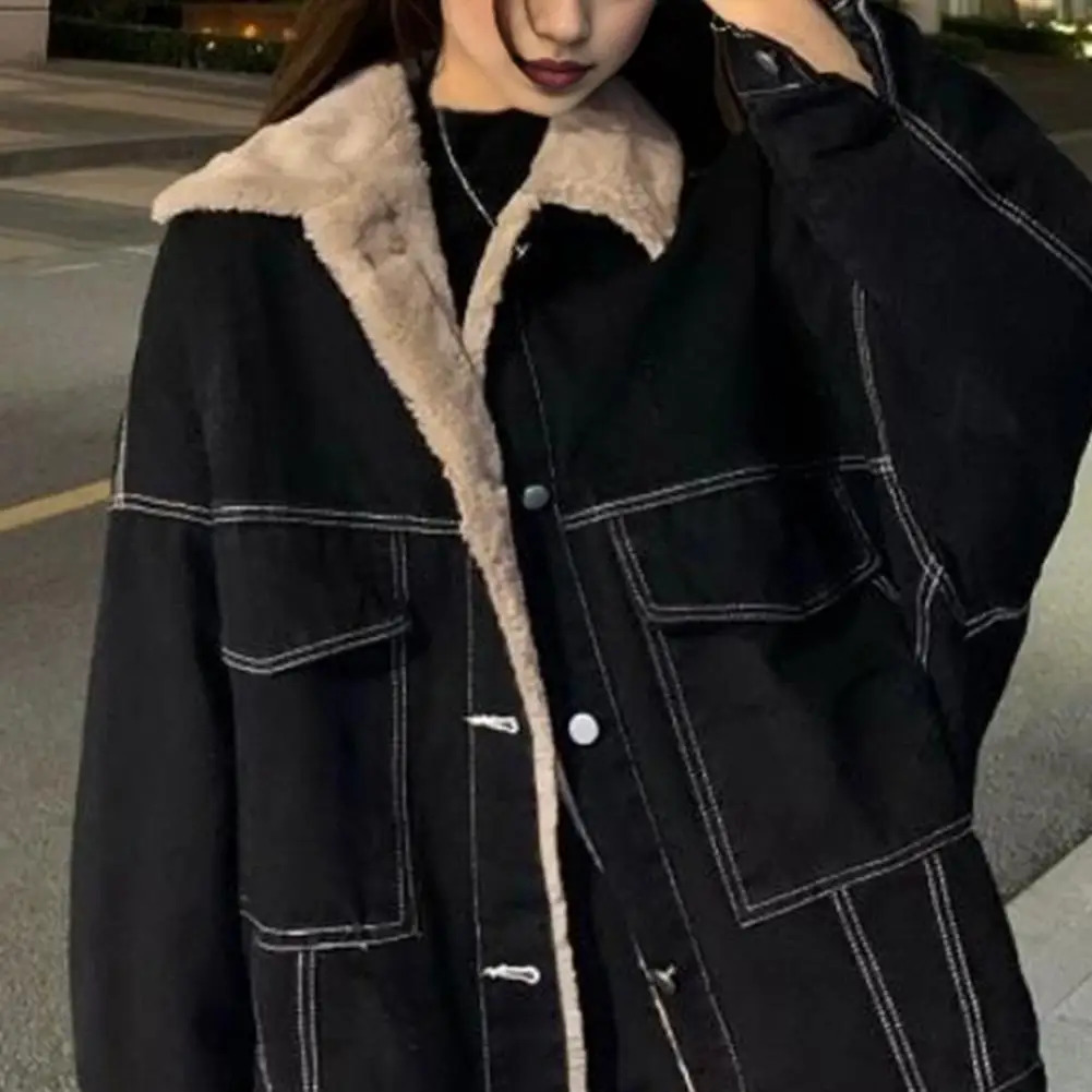 Legging jacket warm plush lined denim with pockets comfortable lapel fashionable single breasted for outdoor wear 241211