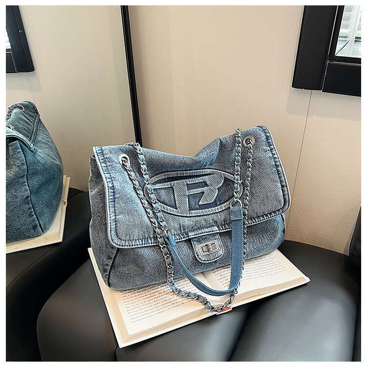 French style large capacity commuting bag for women, popular denim chain tote versatile single shoulder crossbody airport bag, 2024 new casual fashion