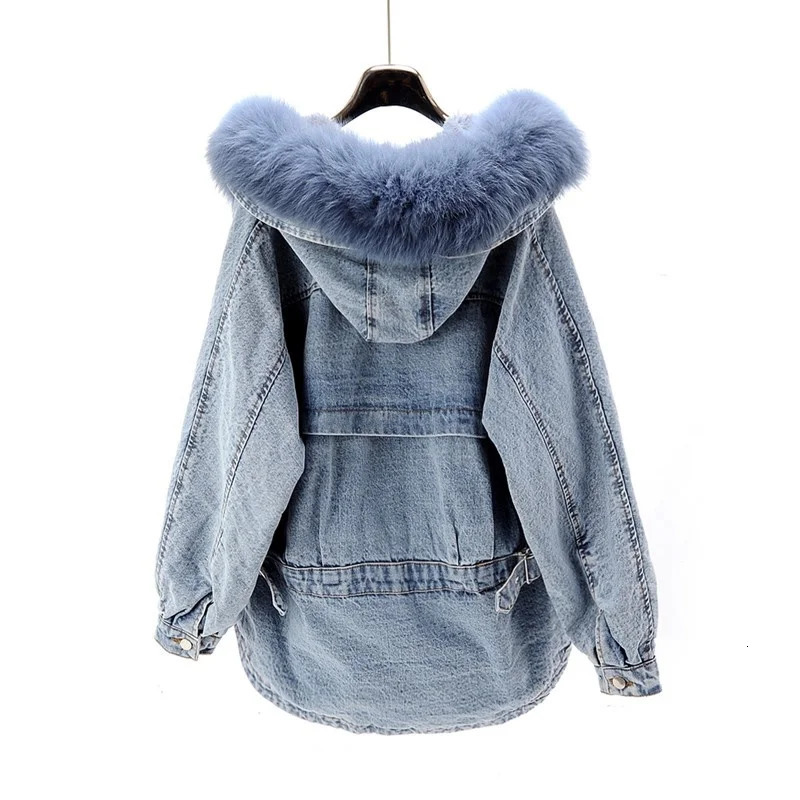 High quality womens winter fur lining warm loose jacket denim jacket fox fur collar hooded casual jacket denim jeans jacket 241210
