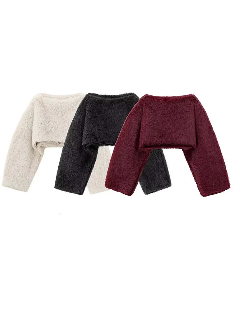 Elegant Solid Cropped Faux Fur Short Loose Top Women Long Lantern Sleeves Thick Coats 4 Autumn Winter Fashion Warm Outwears 241211