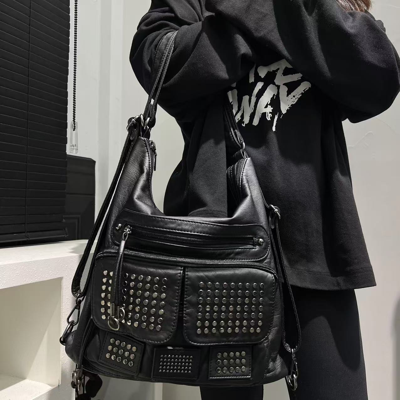 TEMU Women's Fashion Rivet Hot Girl Washed Tote Bag Large Capacity Aging Multi Functional Backpack
