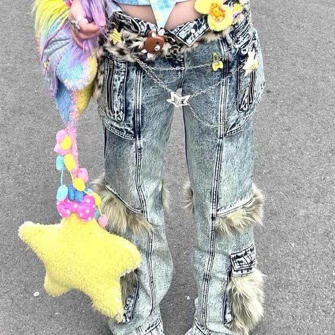 Y2k Trendy Furry Splicing Baggy Cargo Pants Women Retro High Waistsd New Spicy Multi-pocket Haruku Hip-hop Fashion Jeans