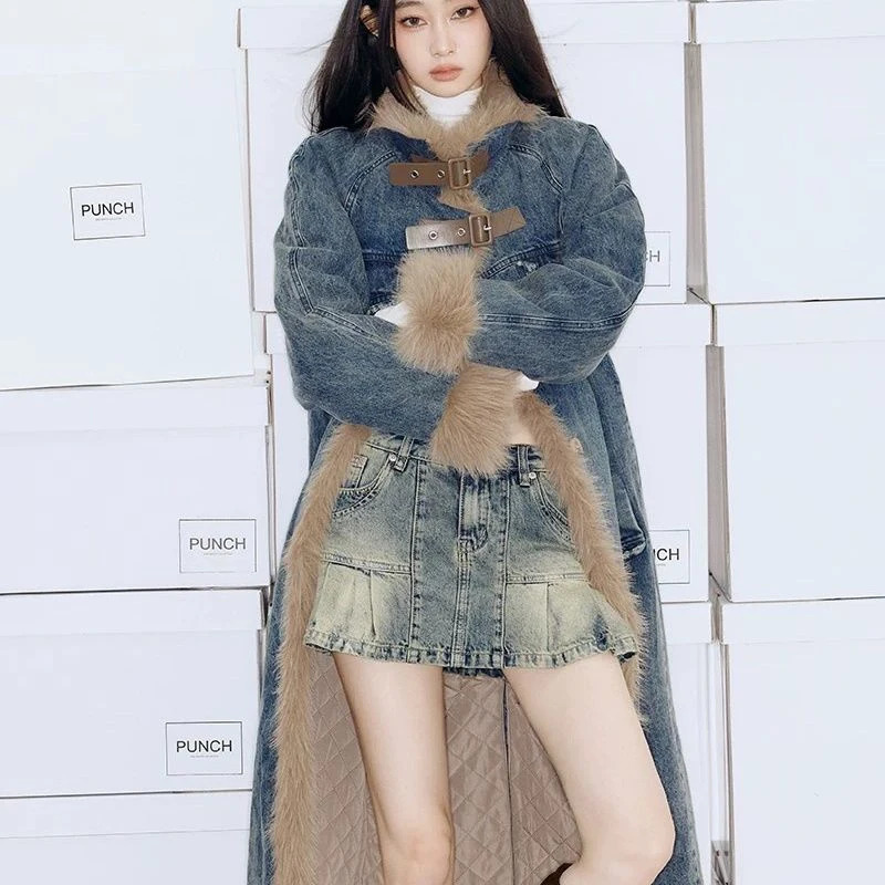 Retro warm fur collar denim jacket womens winter loose casual apron thick medium long park cotton clothing 241211