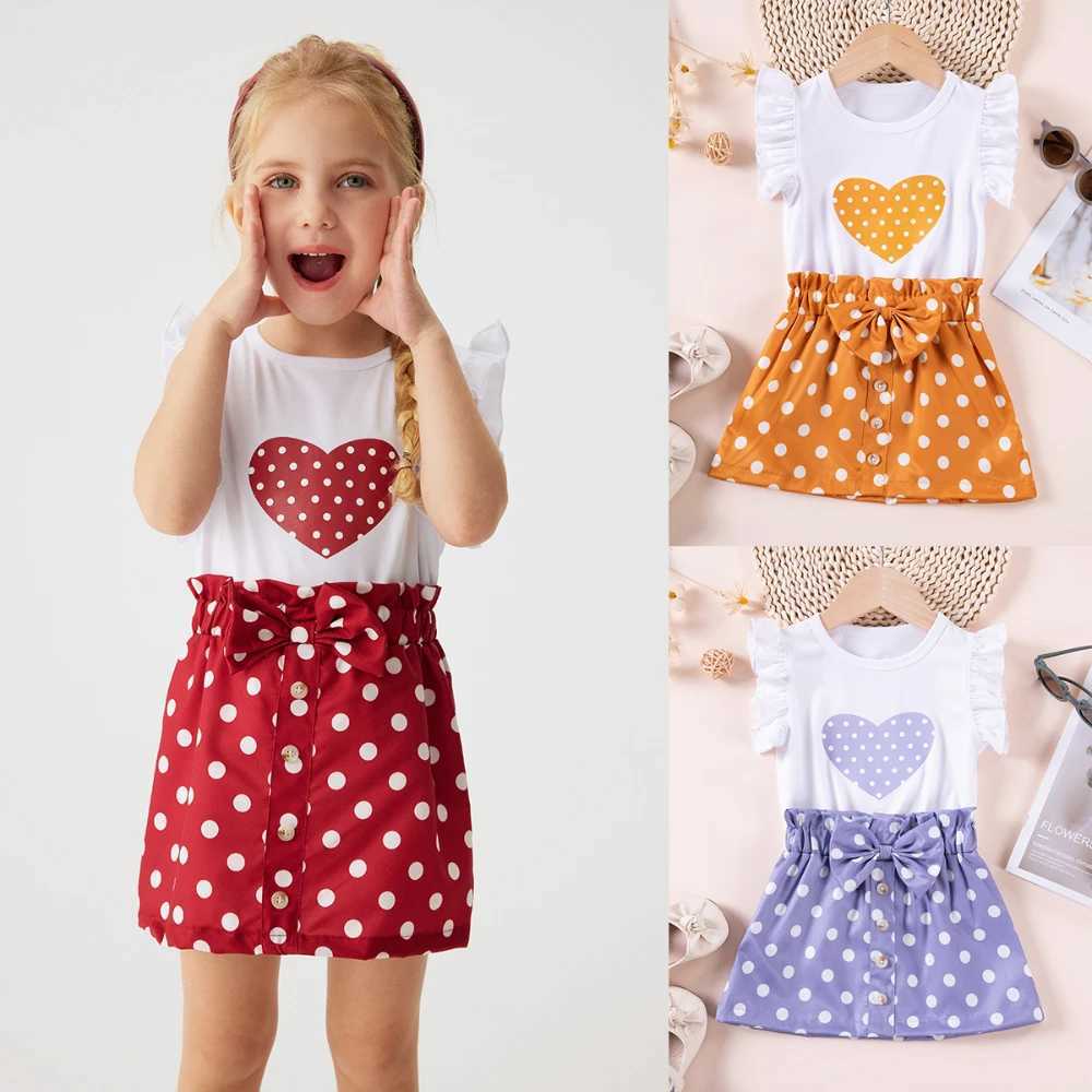 Clothing Sets Summer Girls Set Sweet Printed Clothing Cute Two Piece Love Fly Sleeve Top + Polka Dot Bow Skirt Soft and Smooth H241214