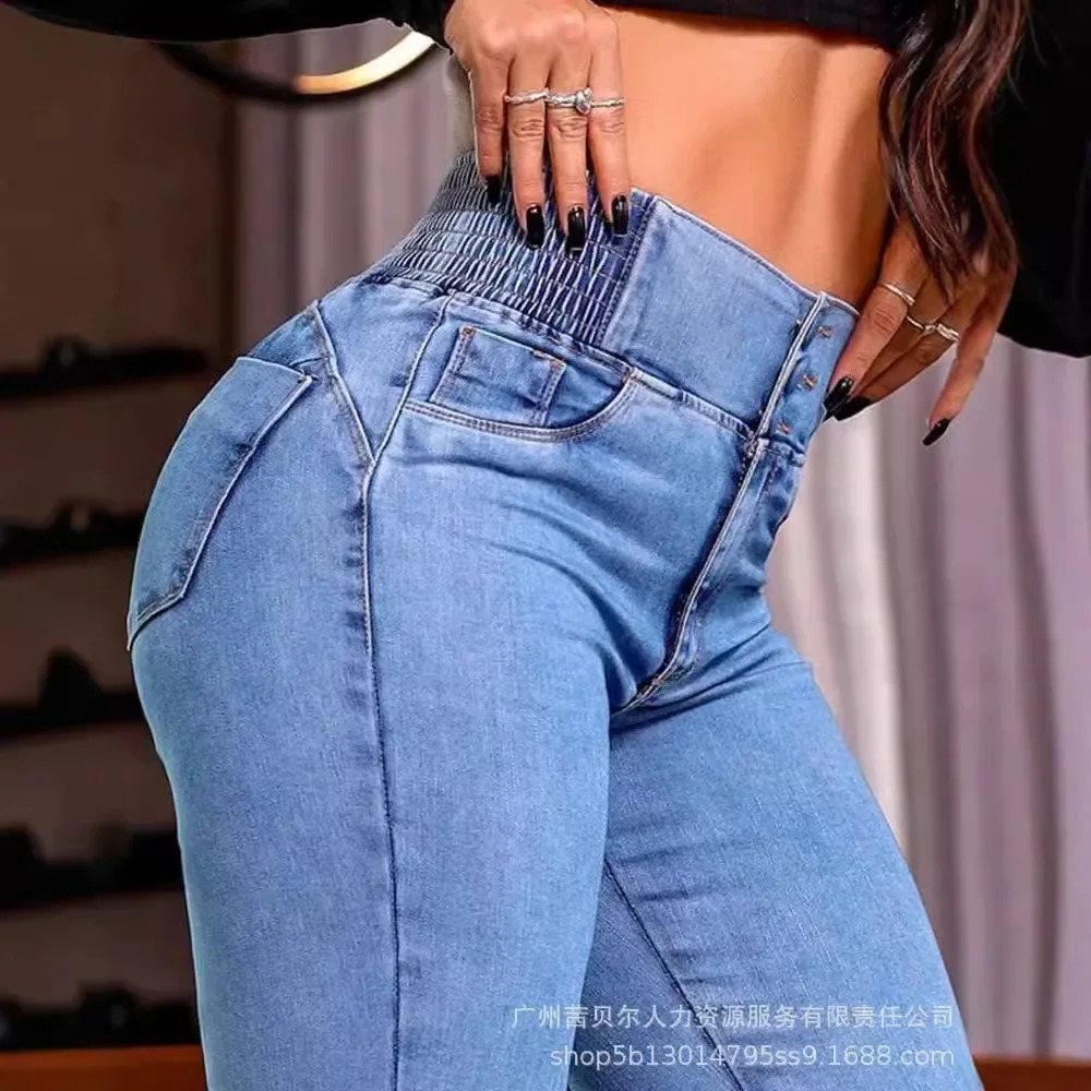 Womens jeans retro elastic high waist flash pants solid pocket button splicing Trouser ultrathin suitable for casual office ladies 241212